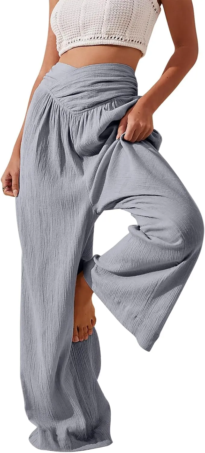 Women Linen Pants Crossover Wide Leg Pants Dressy Palazzo Pants Summer Boho Pants with Pocket Casual Lounge Pant