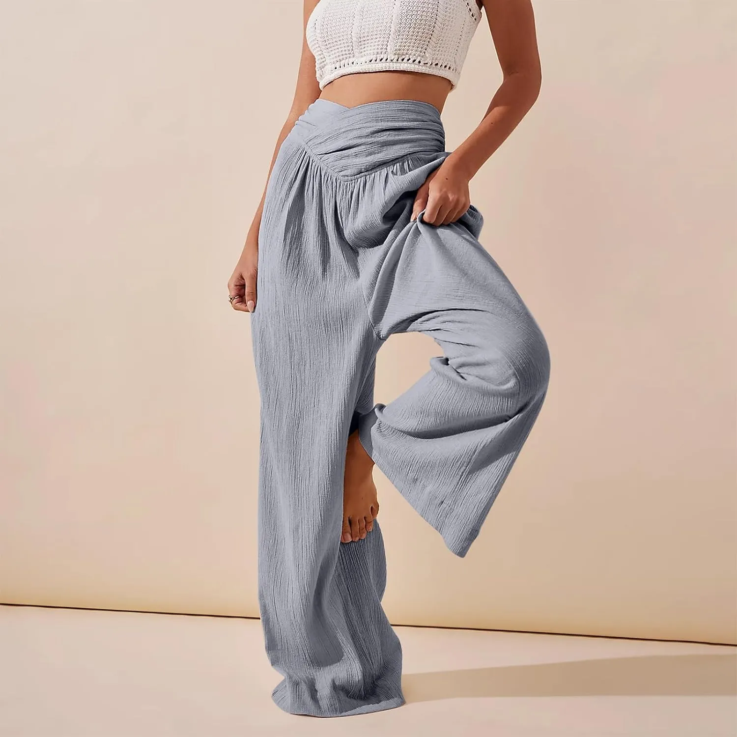 Women Linen Pants Crossover Wide Leg Pants Dressy Palazzo Pants Summer Boho Pants with Pocket Casual Lounge Pant