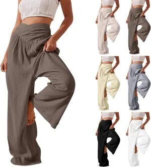 Women Linen Pants Crossover Wide Leg Pants Dressy Palazzo Pants Summer Boho Pants with Pocket Casual Lounge Pant
