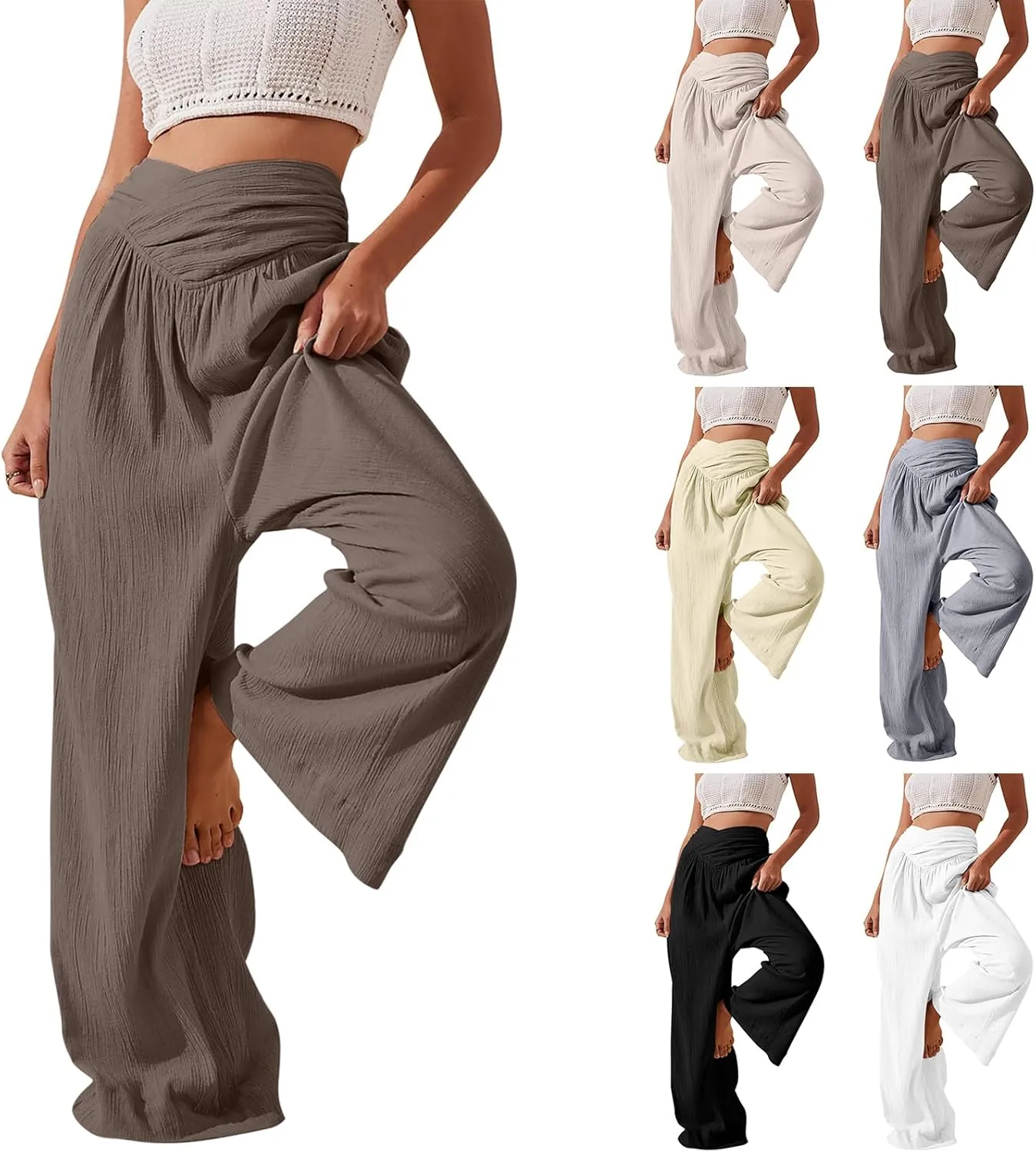 Women Linen Pants Crossover Wide Leg Pants Dressy Palazzo Pants Summer Boho Pants with Pocket Casual Lounge Pant