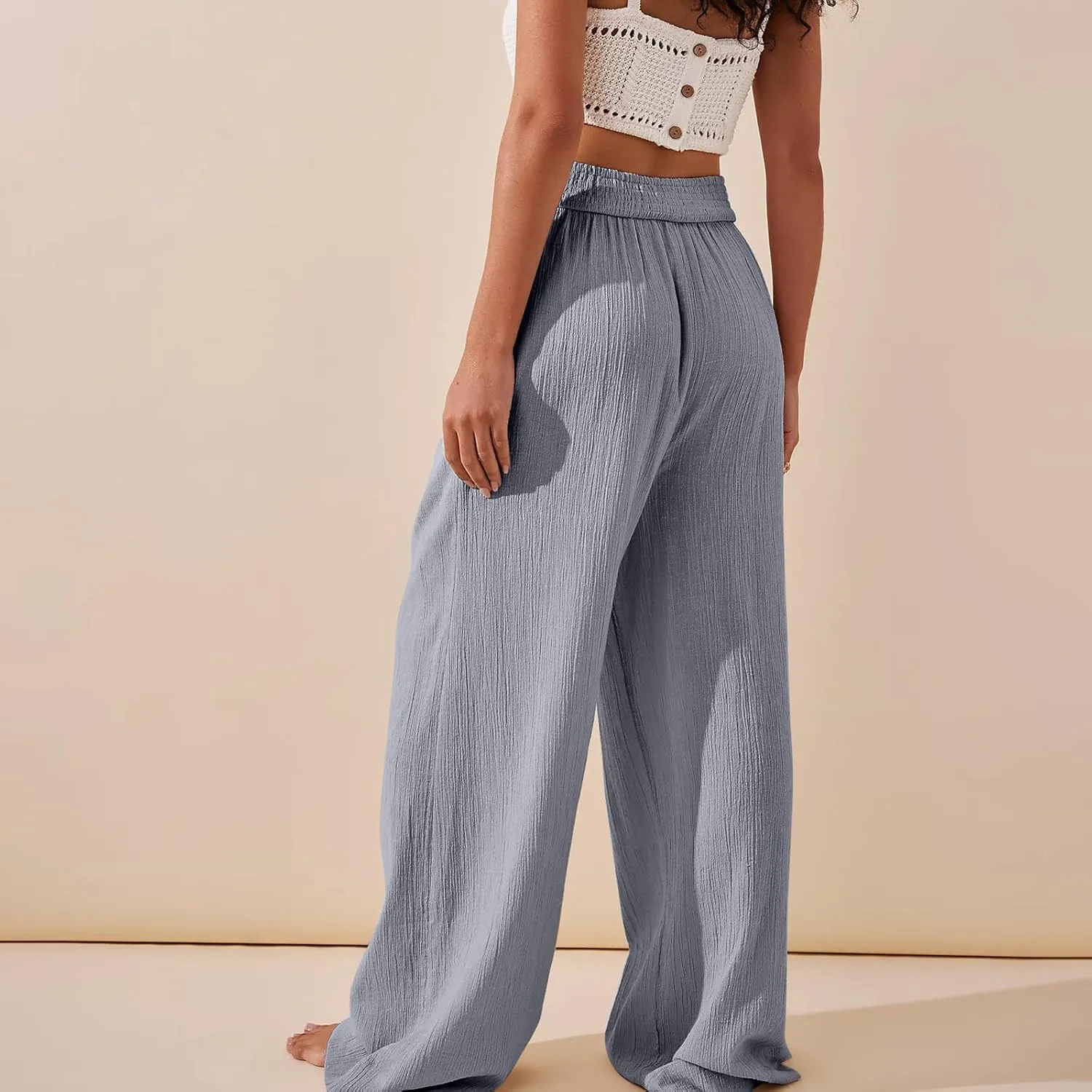 Women Linen Pants Crossover Wide Leg Pants Dressy Palazzo Pants Summer Boho Pants with Pocket Casual Lounge Pant
