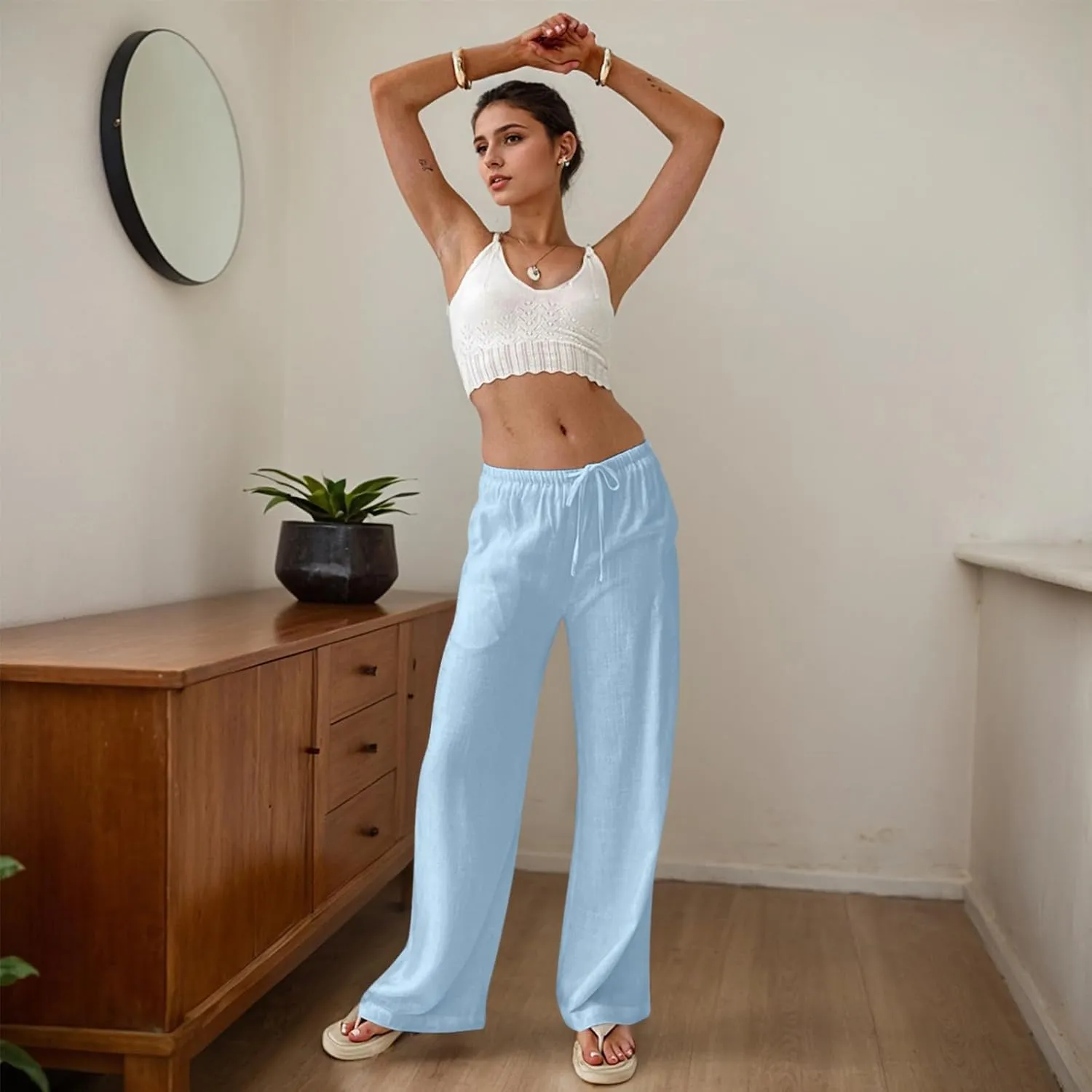 Women Linen Pants Summer Wide Leg Pants with Pockets Boho Beach Pants High Waist Drawstring Flowy Palazzo Pants