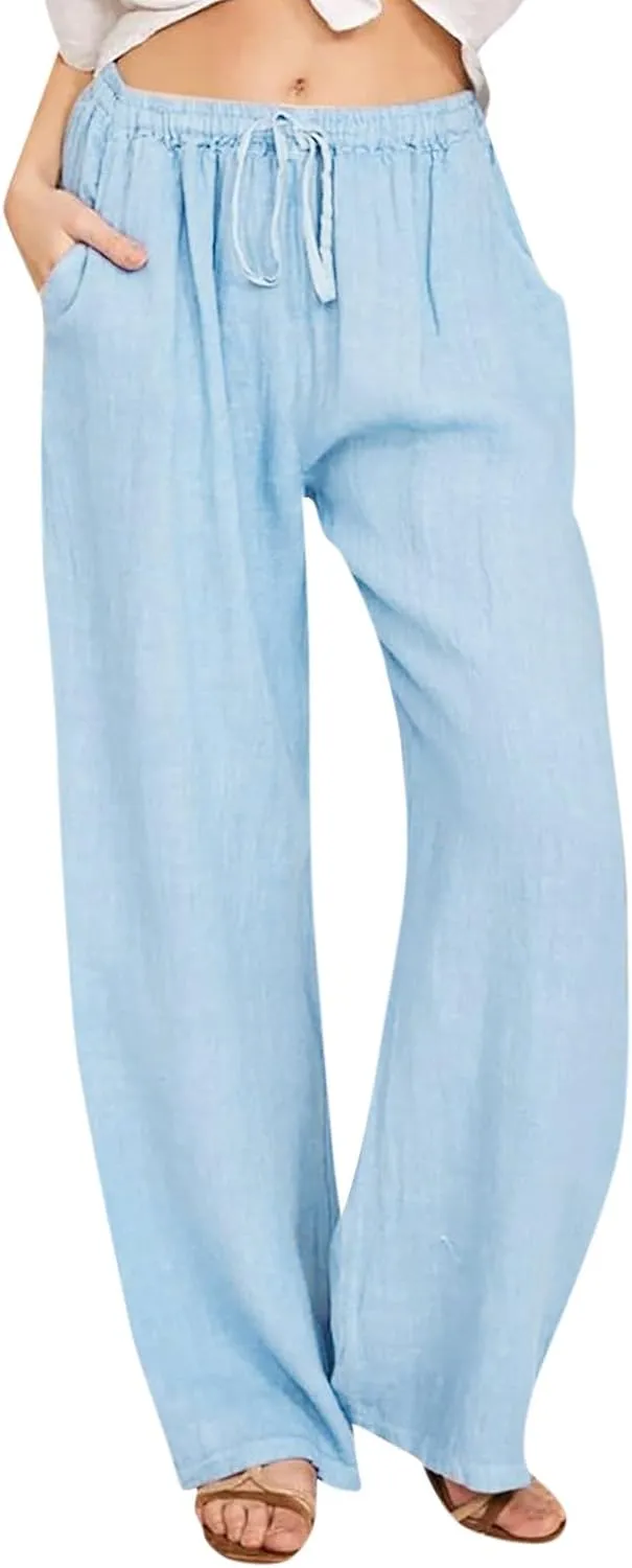 Women Linen Pants Summer Wide Leg Pants with Pockets Boho Beach Pants High Waist Drawstring Flowy Palazzo Pants