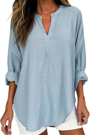Women Linen Shirts Autumn and Winter Work Daily Long Sleeved Slim Light Blue Shirt Top Women Blouses Linen Blouses
