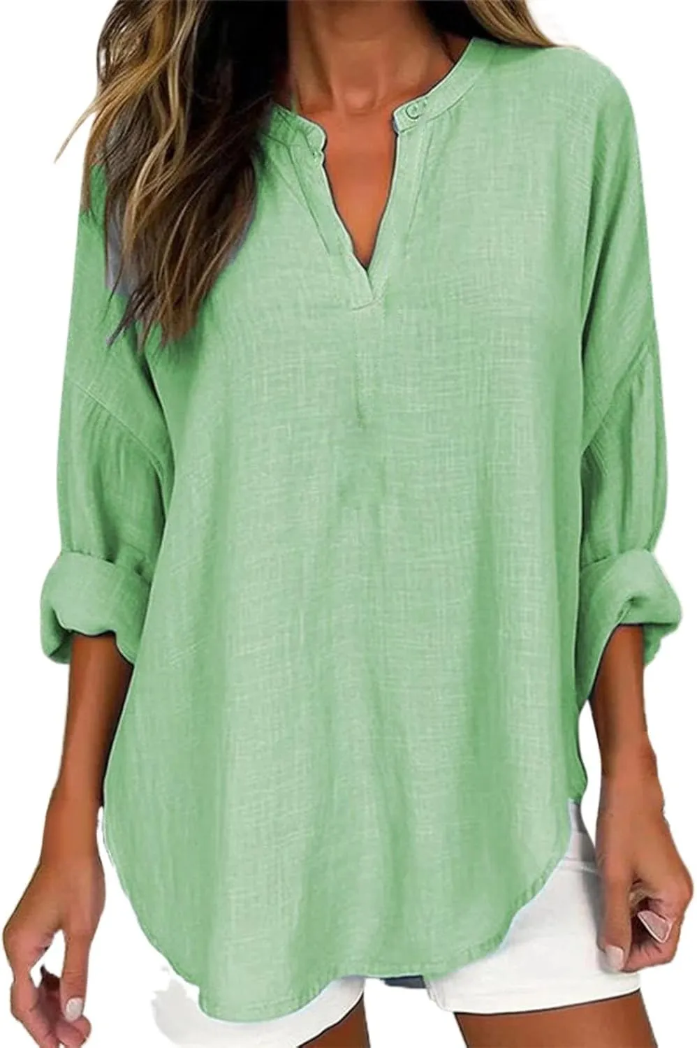 Women Linen Shirts Autumn and Winter Work Daily Long Sleeved Slim Light Blue Shirt Top Women Blouses Linen Blouses