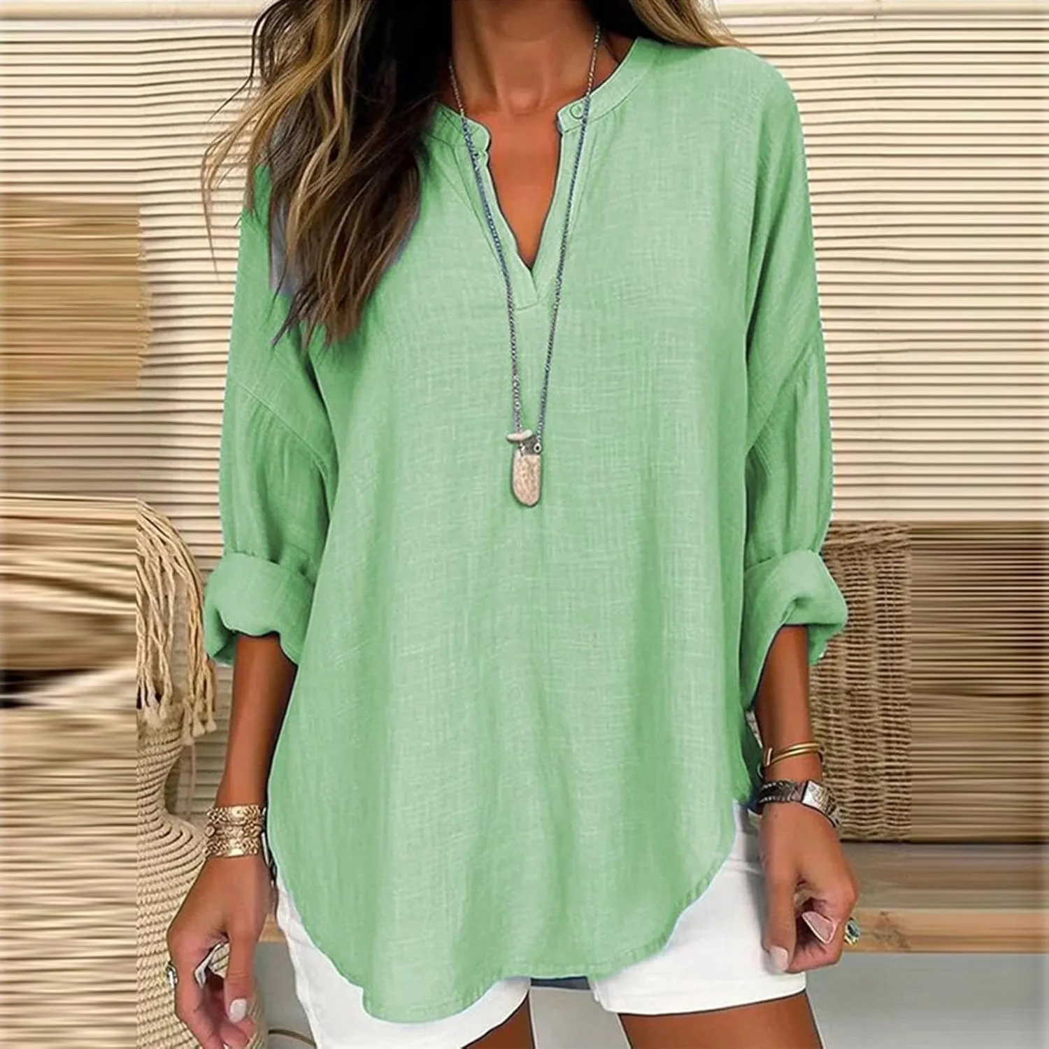 Women Linen Shirts Autumn and Winter Work Daily Long Sleeved Slim Light Blue Shirt Top Women Blouses Linen Blouses