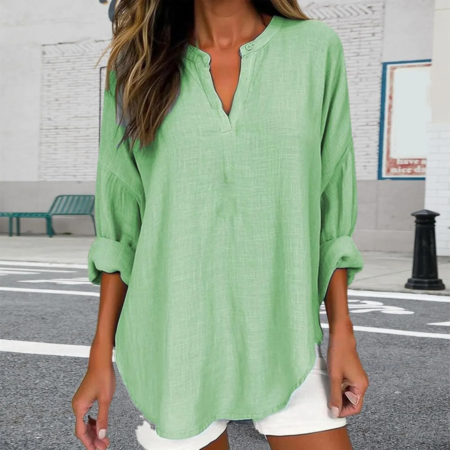 Women Linen Shirts Autumn and Winter Work Daily Long Sleeved Slim Light Blue Shirt Top Women Blouses Linen Blouses