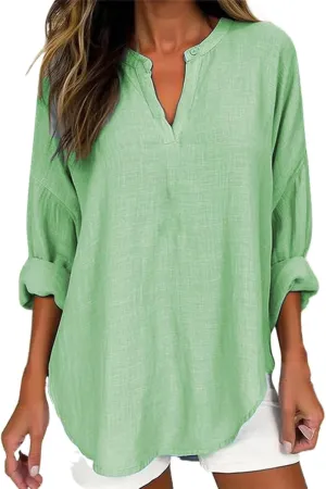 Women Linen Shirts Autumn and Winter Work Daily Long Sleeved Slim Light Blue Shirt Top Women Blouses Linen Blouses