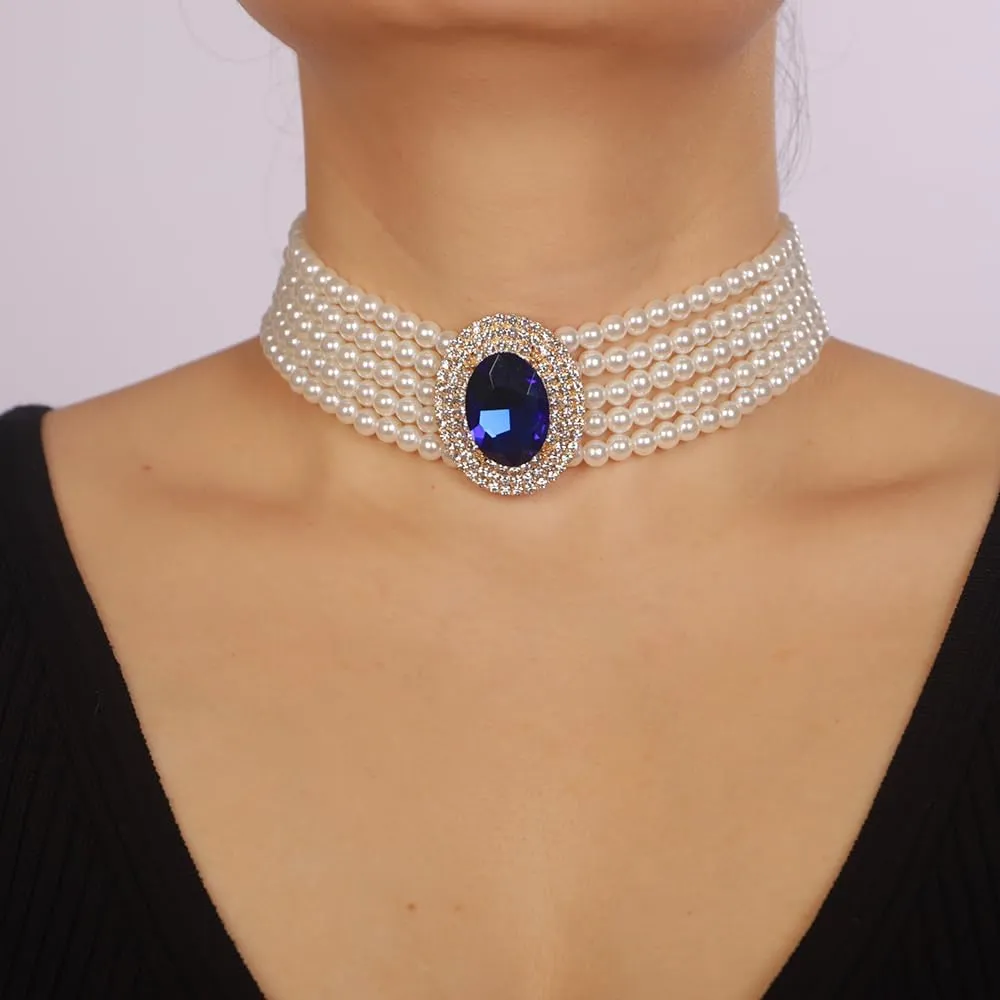 Women Multilayer 1920s Green Blue Silver Rhinestone Necklaces Dainty Pearls Layered Choker Necklaces Fashion Chunky Pearls Pendant Multilayer Adjustable Layering Necklaces for Women