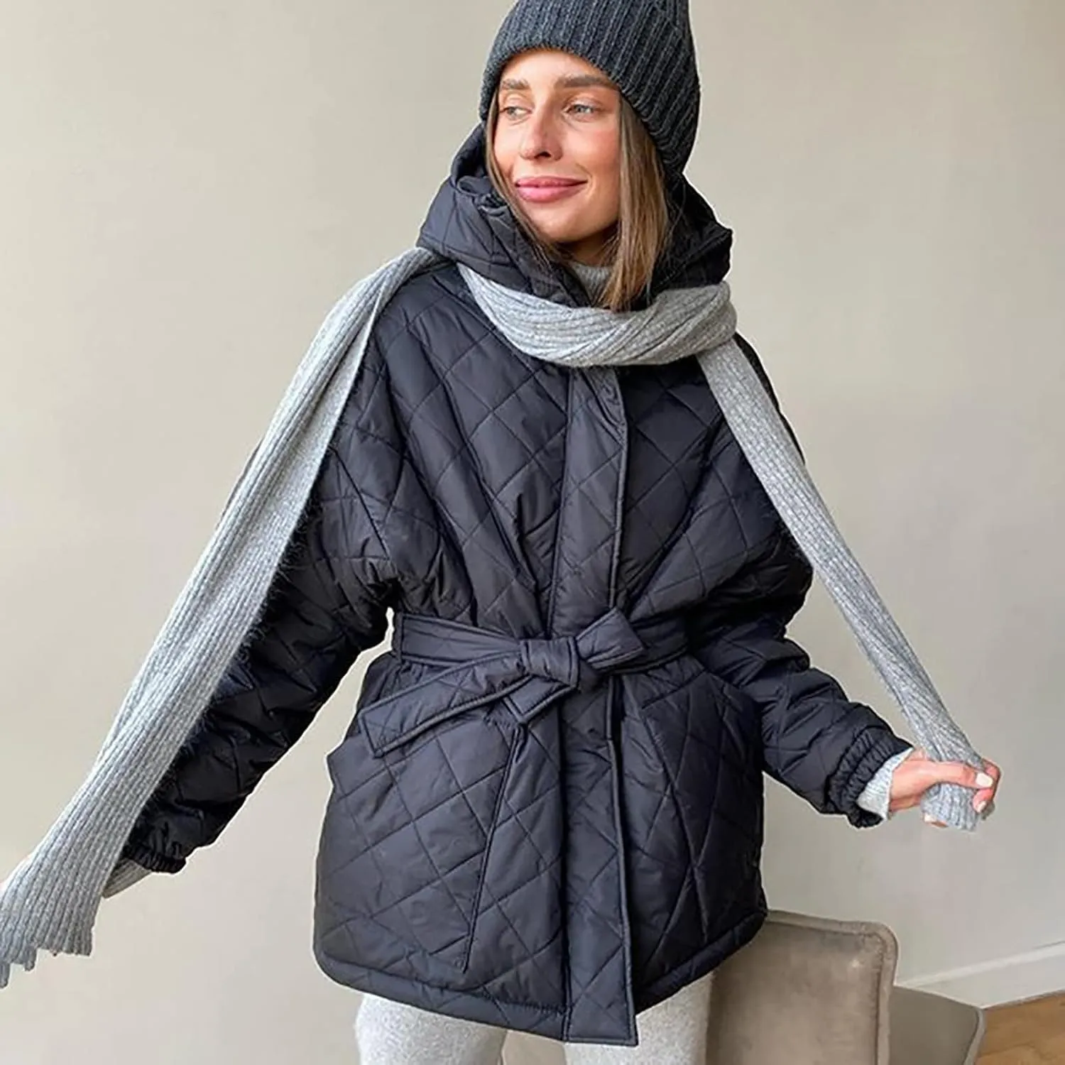 Women Quilted Lightweight Jacket Long Puffer Jacket Hooded Winter Coat With Belt Oversized Fashion Parka Down Jacket