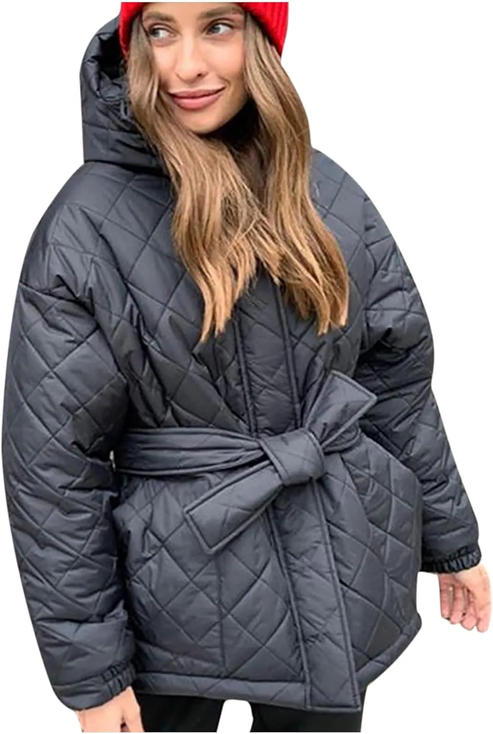 Women Quilted Lightweight Jacket Long Puffer Jacket Hooded Winter Coat With Belt Oversized Fashion Parka Down Jacket