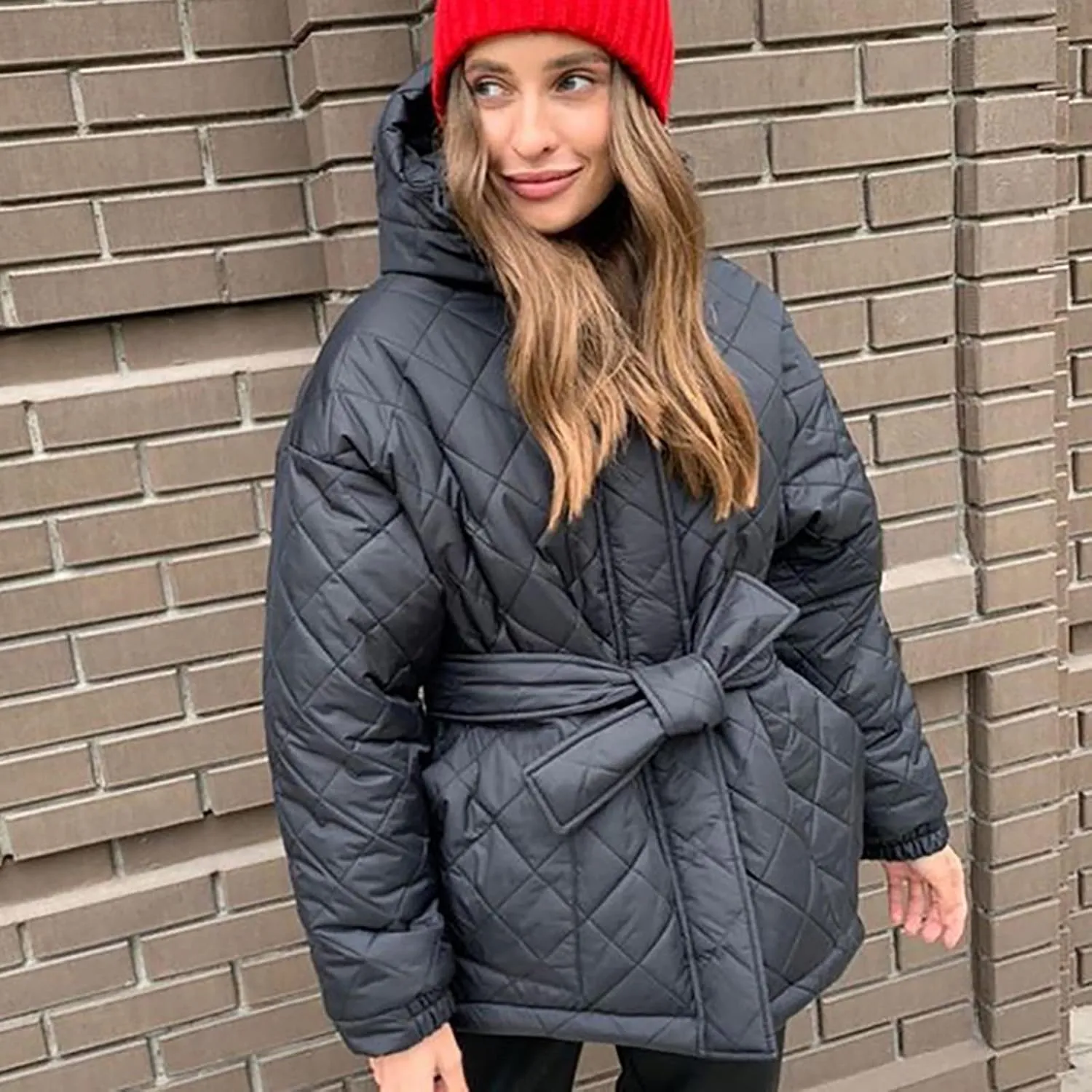 Women Quilted Lightweight Jacket Long Puffer Jacket Hooded Winter Coat With Belt Oversized Fashion Parka Down Jacket