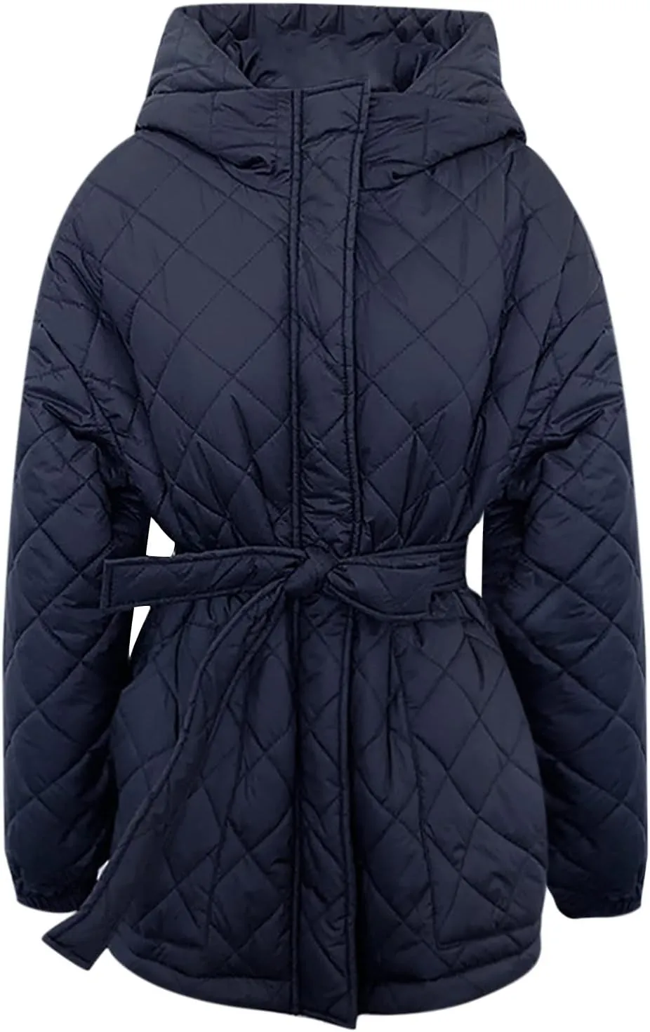 Women Quilted Lightweight Jacket Long Puffer Jacket Hooded Winter Coat With Belt Oversized Fashion Parka Down Jacket
