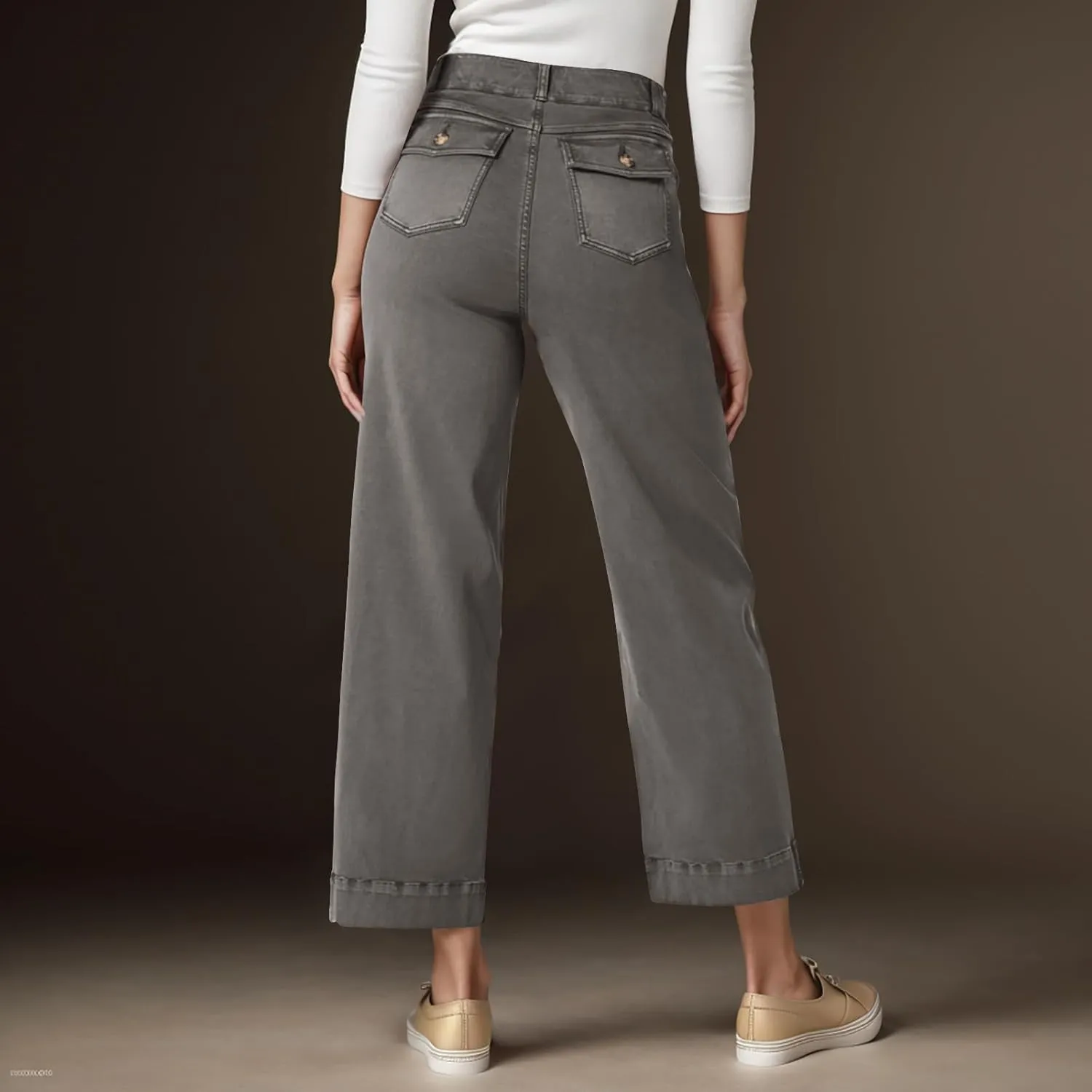 Women Stretch Twill Cropped Wide Leg Pant High Waist Casual Capri Pant Straight Leg Chino Pants Baggy Ankle Jeans