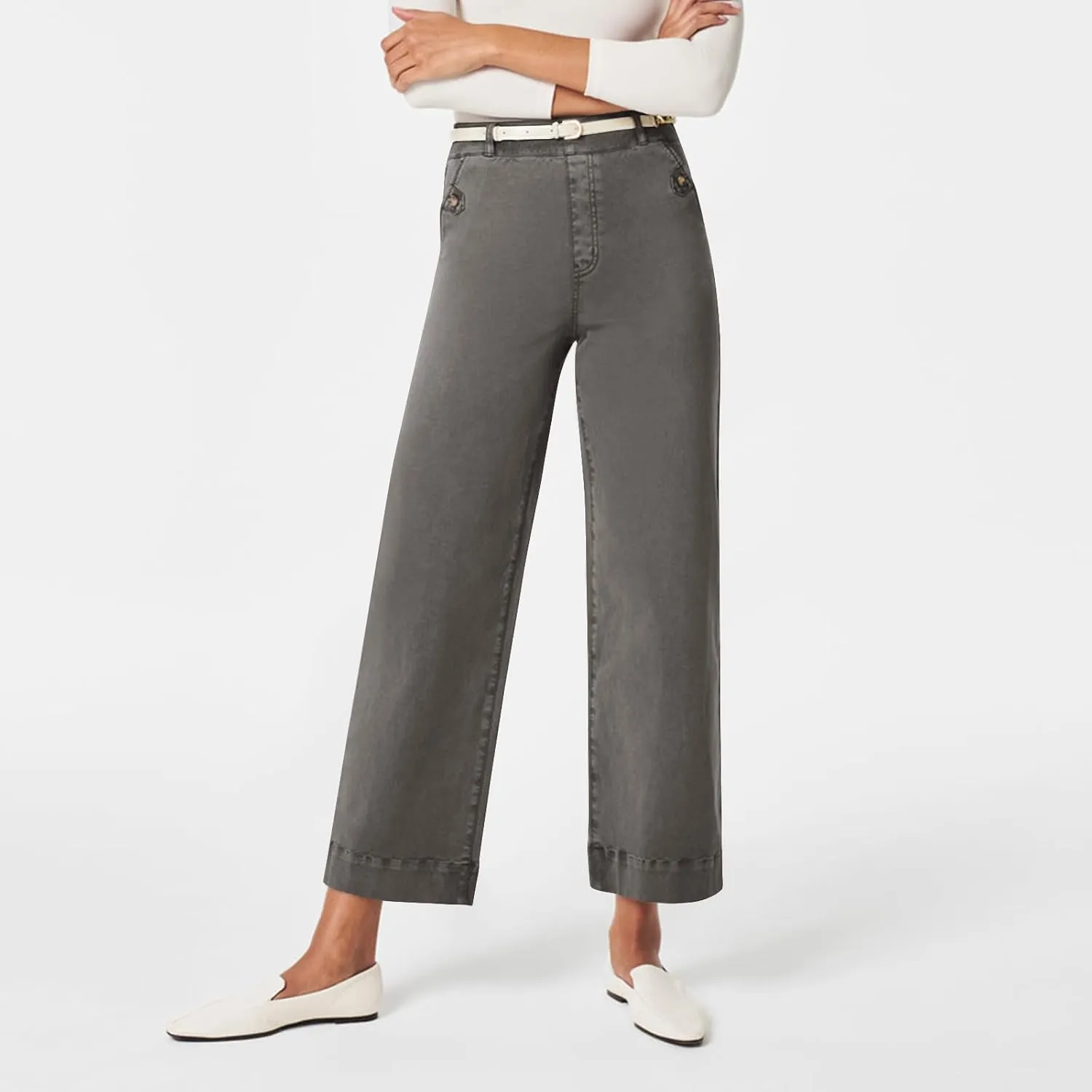 Women Stretch Twill Cropped Wide Leg Pant High Waist Casual Capri Pant Straight Leg Chino Pants Baggy Ankle Jeans
