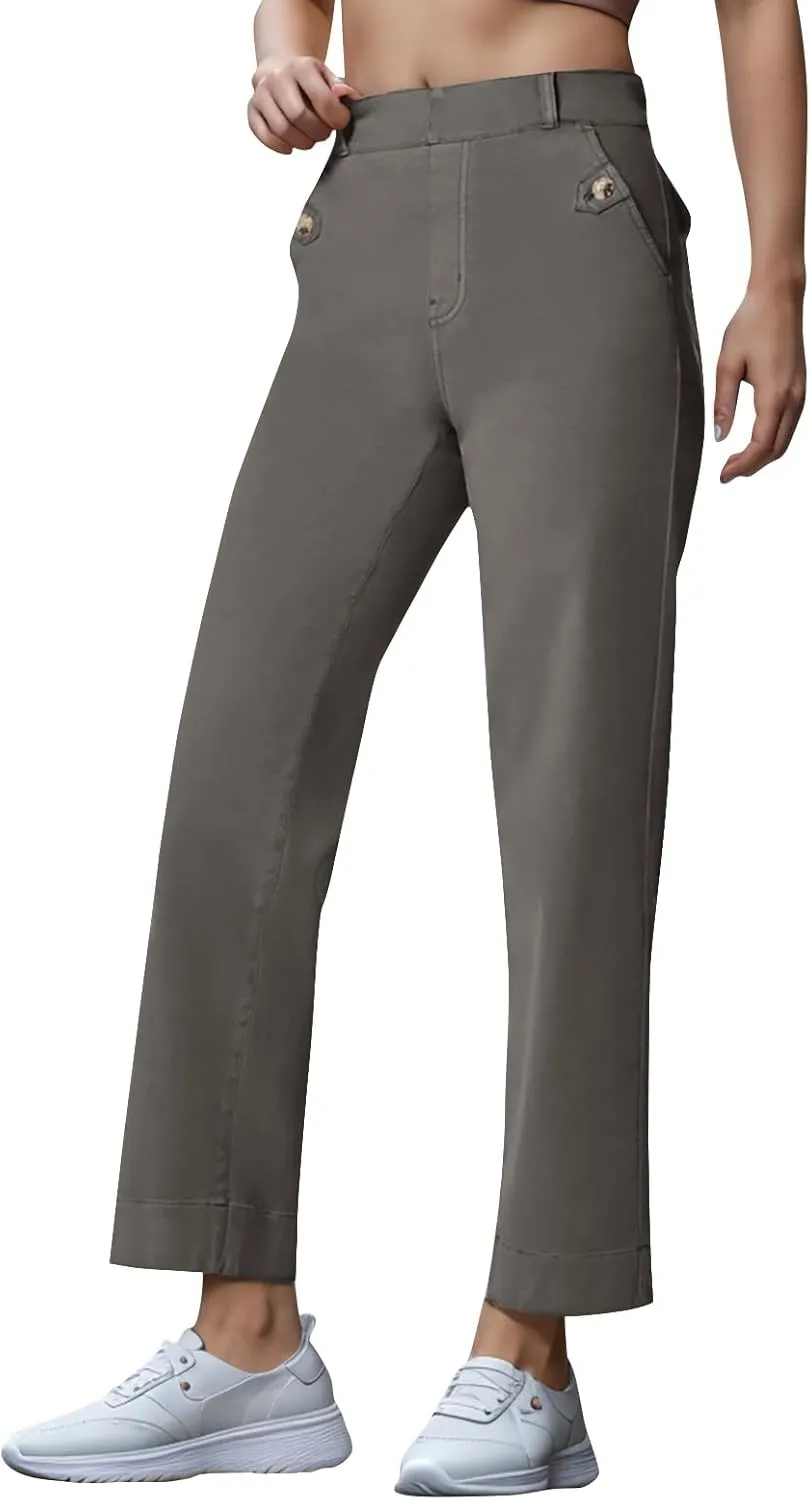 Women Stretch Twill Cropped Wide Leg Pant High Waist Casual Capri Pant Straight Leg Chino Pants Baggy Ankle Jeans
