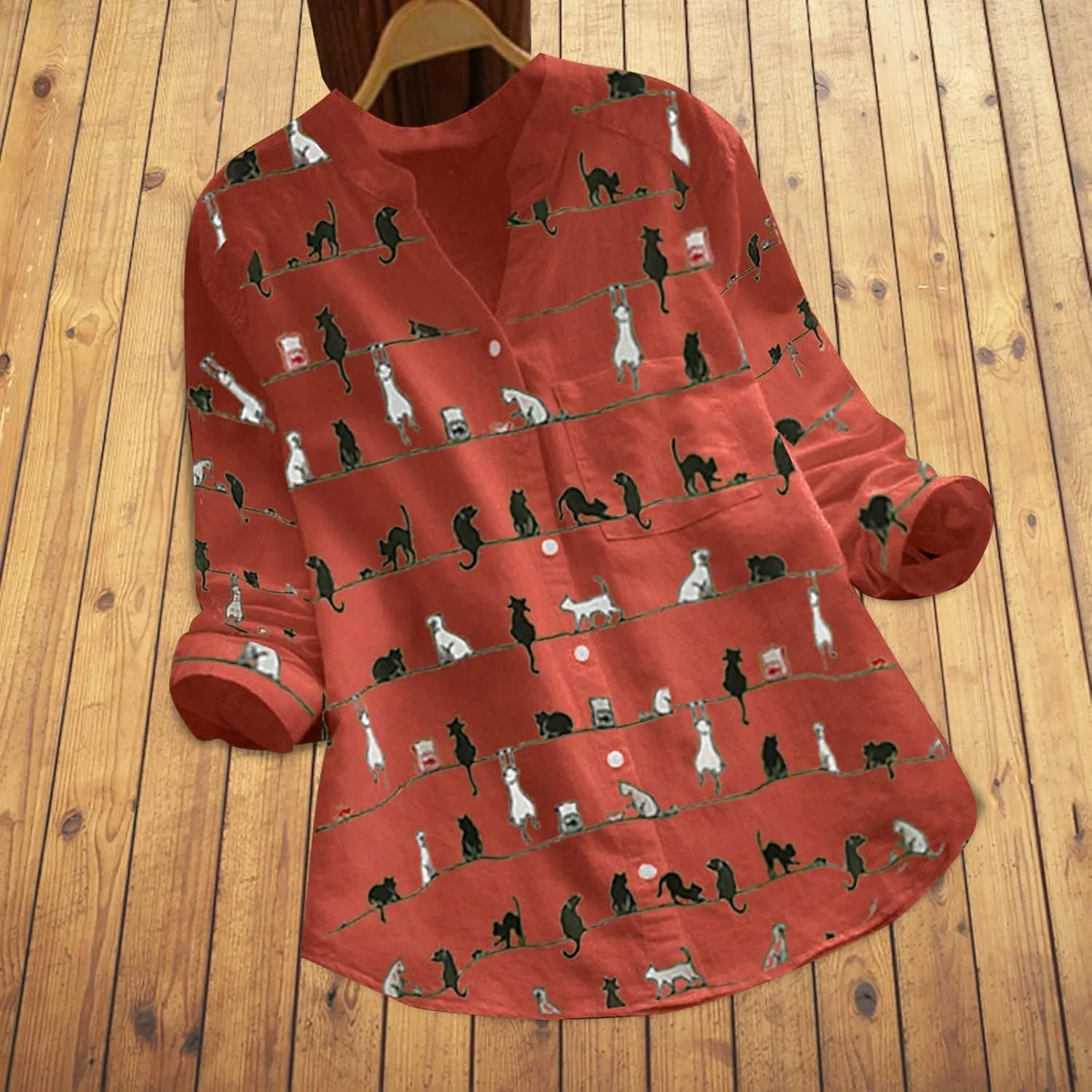 Women Summer 3/4 Sleeve Shirts Button Down Loose Fit Blouses 2024 Fashion Cat Print T-Shirts Plus Size Loose Tops