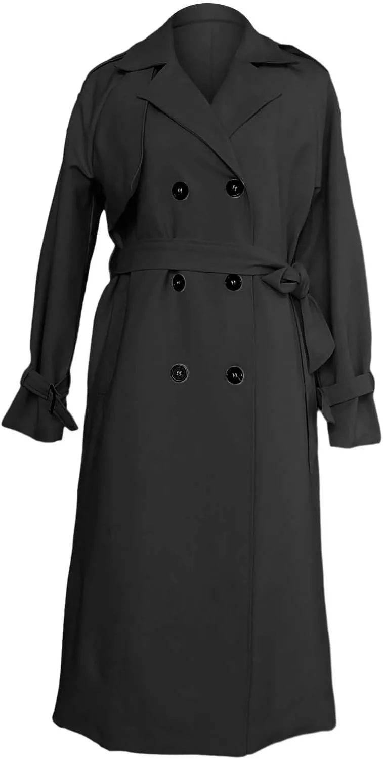 Women Trench Coat Length Double Breasted Notch Lapel Pocket Long Sleeve Windbreaker Classic Loose Overcoat with Belt