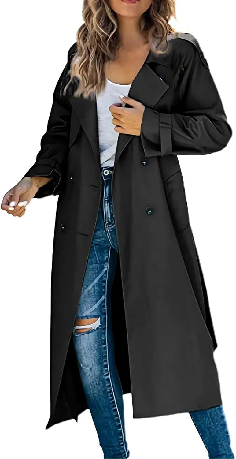 Women Trench Coat Length Double Breasted Notch Lapel Pocket Long Sleeve Windbreaker Classic Loose Overcoat with Belt