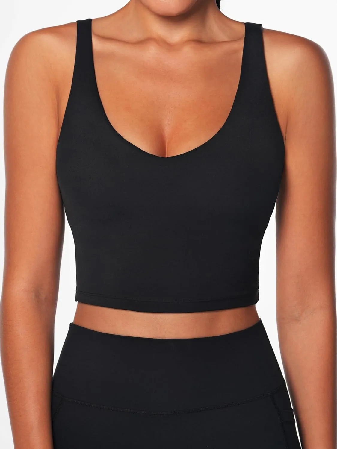 Women V-Neck Longline Sports Bras Low U Back Workout Yoga Athletic Crop Tank Top with Built in Bra