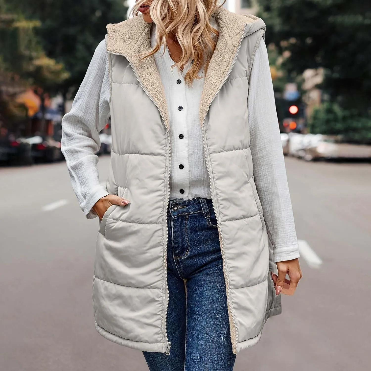 Women Winter Hooded Reversible Long Vest Sleeveless Fleece Lined Down Jacket Zip Up Long Puffer Vest Warm Windbreaker