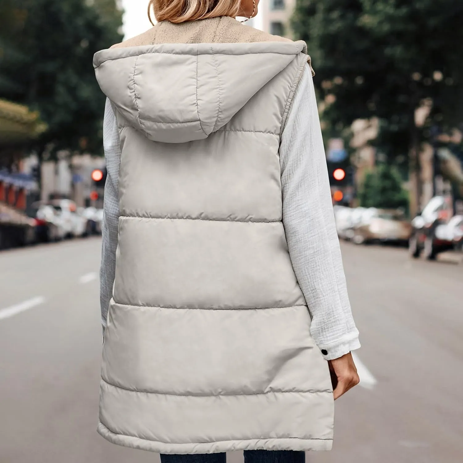 Women Winter Hooded Reversible Long Vest Sleeveless Fleece Lined Down Jacket Zip Up Long Puffer Vest Warm Windbreaker