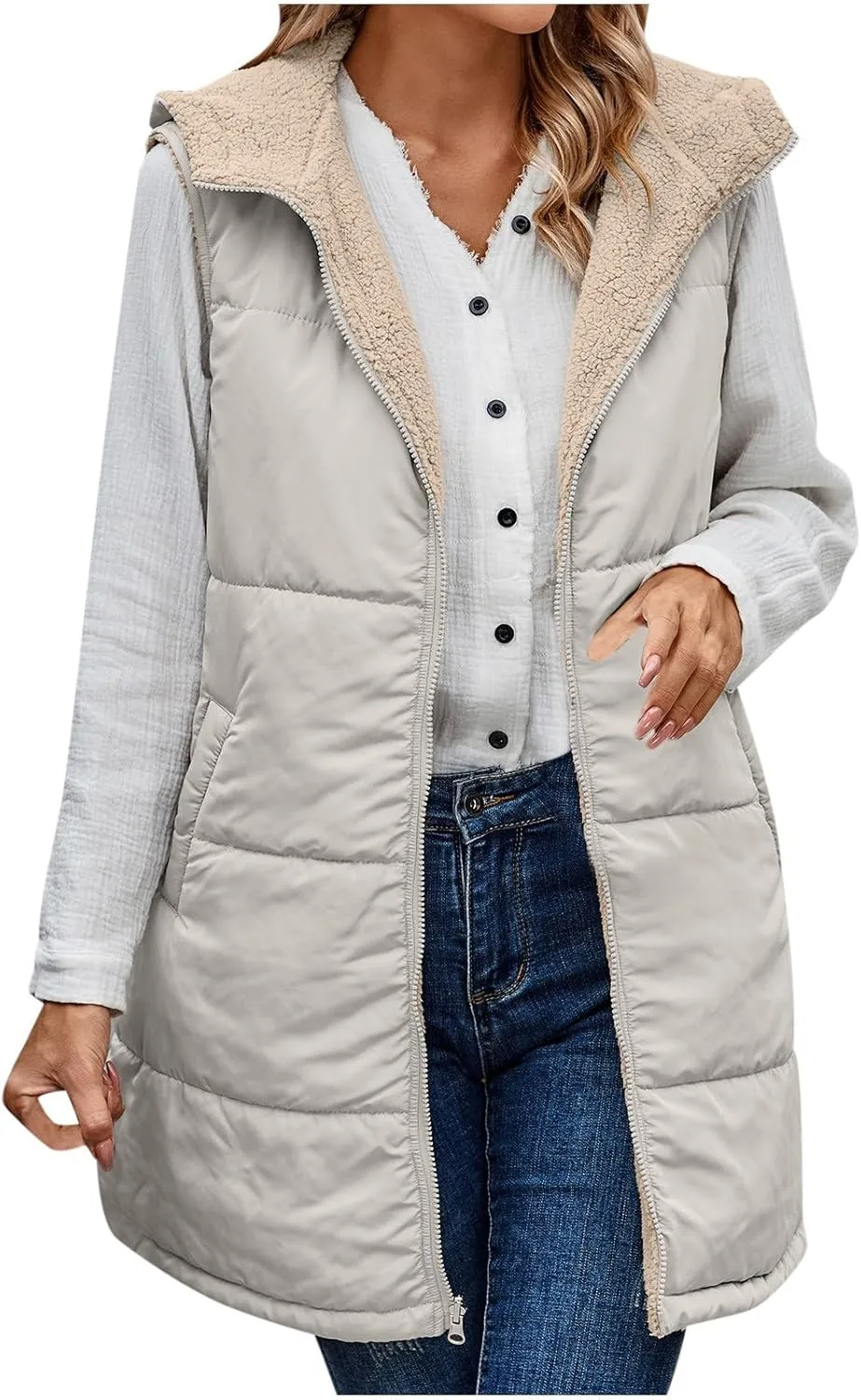Women Winter Hooded Reversible Long Vest Sleeveless Fleece Lined Down Jacket Zip Up Long Puffer Vest Warm Windbreaker
