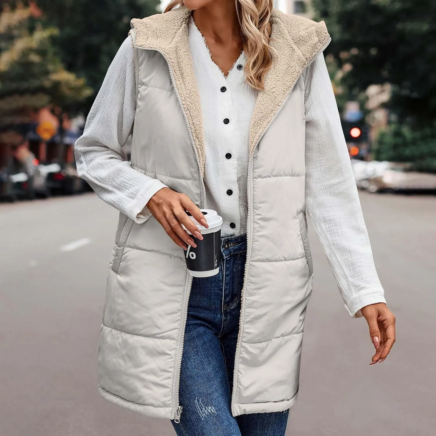 Women Winter Hooded Reversible Long Vest Sleeveless Fleece Lined Down Jacket Zip Up Long Puffer Vest Warm Windbreaker