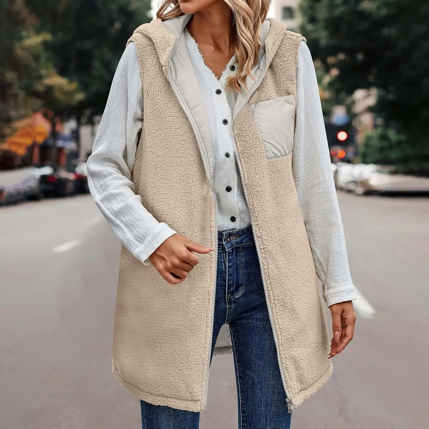 Women Winter Hooded Reversible Long Vest Sleeveless Fleece Lined Down Jacket Zip Up Long Puffer Vest Warm Windbreaker