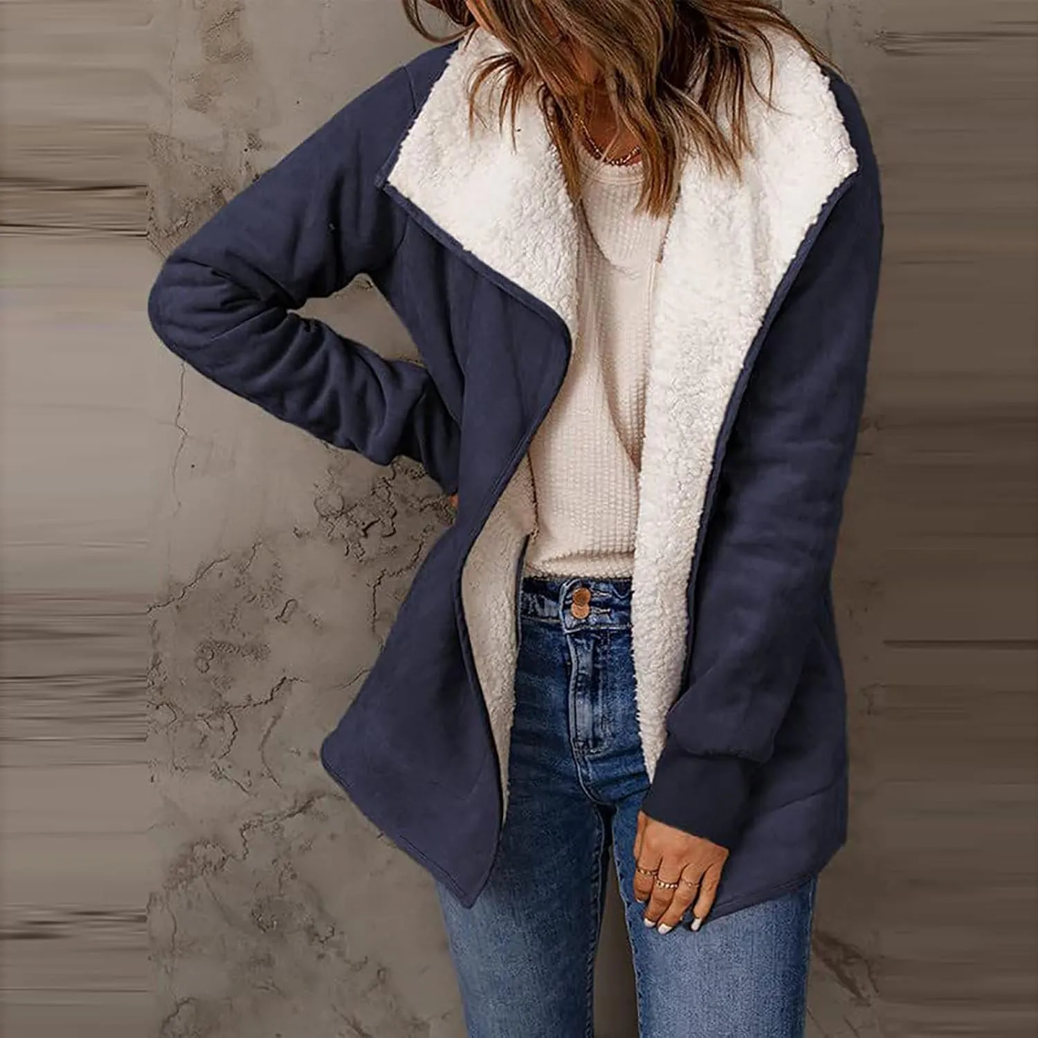 Women Winter Warm Jacket Stand Collar Sherpa Casual Lapel Long Sleeve Lined Outerwear Fleece Fuzzy Faux Leather Jacket
