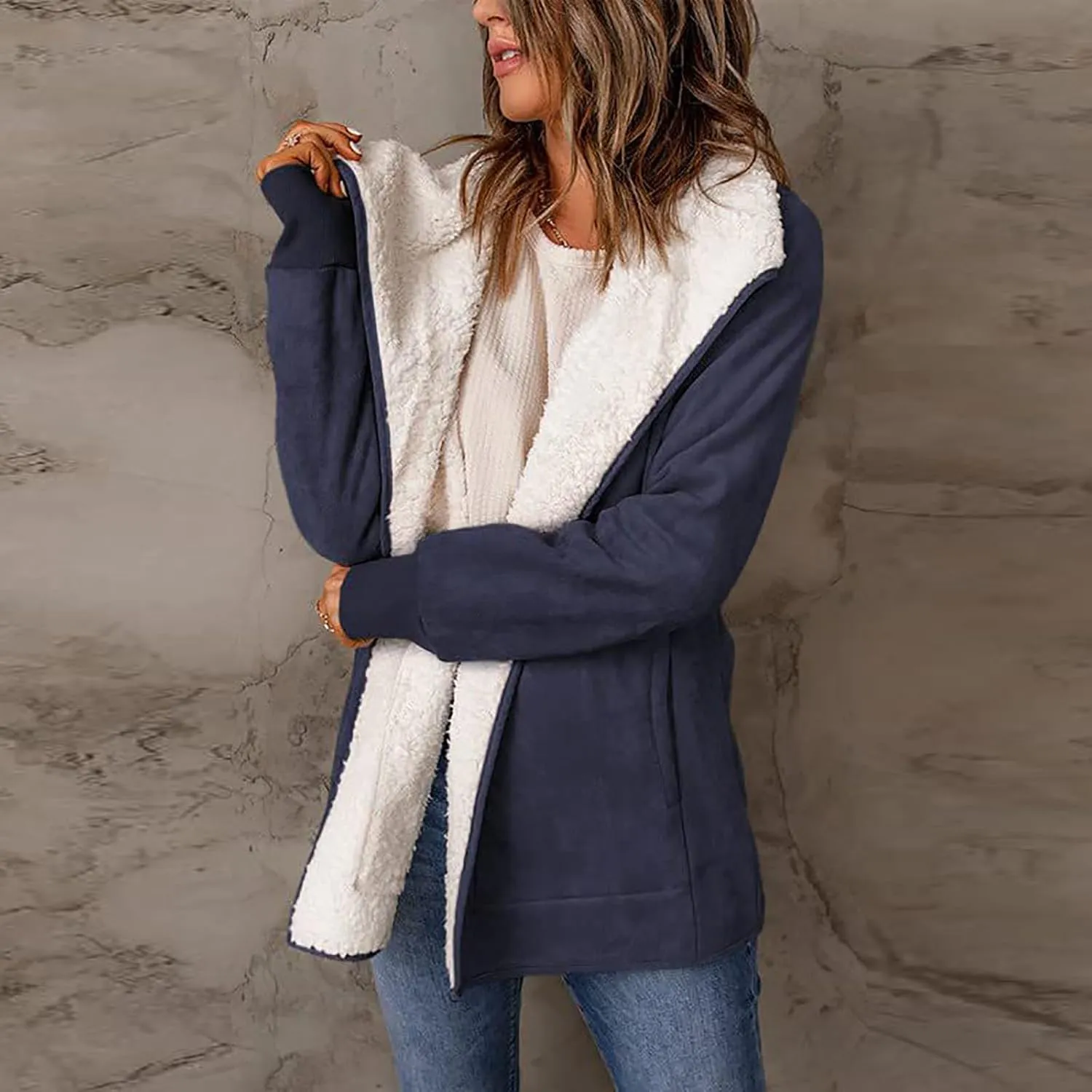 Women Winter Warm Jacket Stand Collar Sherpa Casual Lapel Long Sleeve Lined Outerwear Fleece Fuzzy Faux Leather Jacket