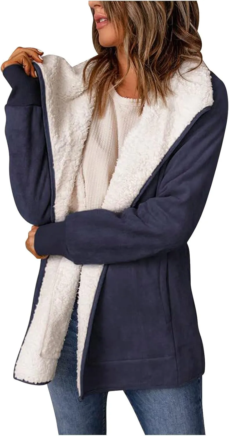 Women Winter Warm Jacket Stand Collar Sherpa Casual Lapel Long Sleeve Lined Outerwear Fleece Fuzzy Faux Leather Jacket