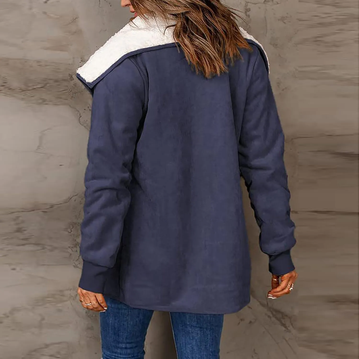 Women Winter Warm Jacket Stand Collar Sherpa Casual Lapel Long Sleeve Lined Outerwear Fleece Fuzzy Faux Leather Jacket