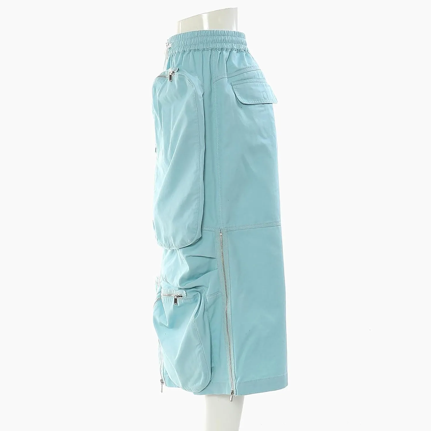 Women Work Zipper Tooling Skirt Cotton High Waisted Cargo Long Skirts Stretchy Drawstring Skirt with Pockets