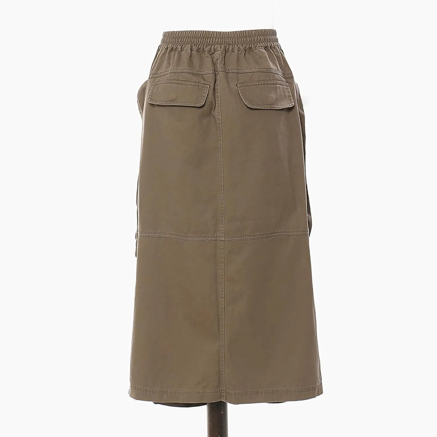 Women Work Zipper Tooling Skirt Cotton High Waisted Cargo Long Skirts Stretchy Drawstring Skirt with Pockets