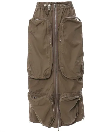 Women Work Zipper Tooling Skirt Cotton High Waisted Cargo Long Skirts Stretchy Drawstring Skirt with Pockets