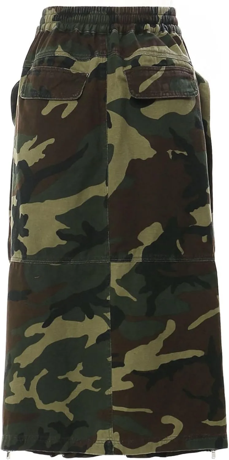 Women Work Zipper Tooling Skirt Cotton High Waisted Cargo Long Skirts Stretchy Drawstring Skirt with Pockets
