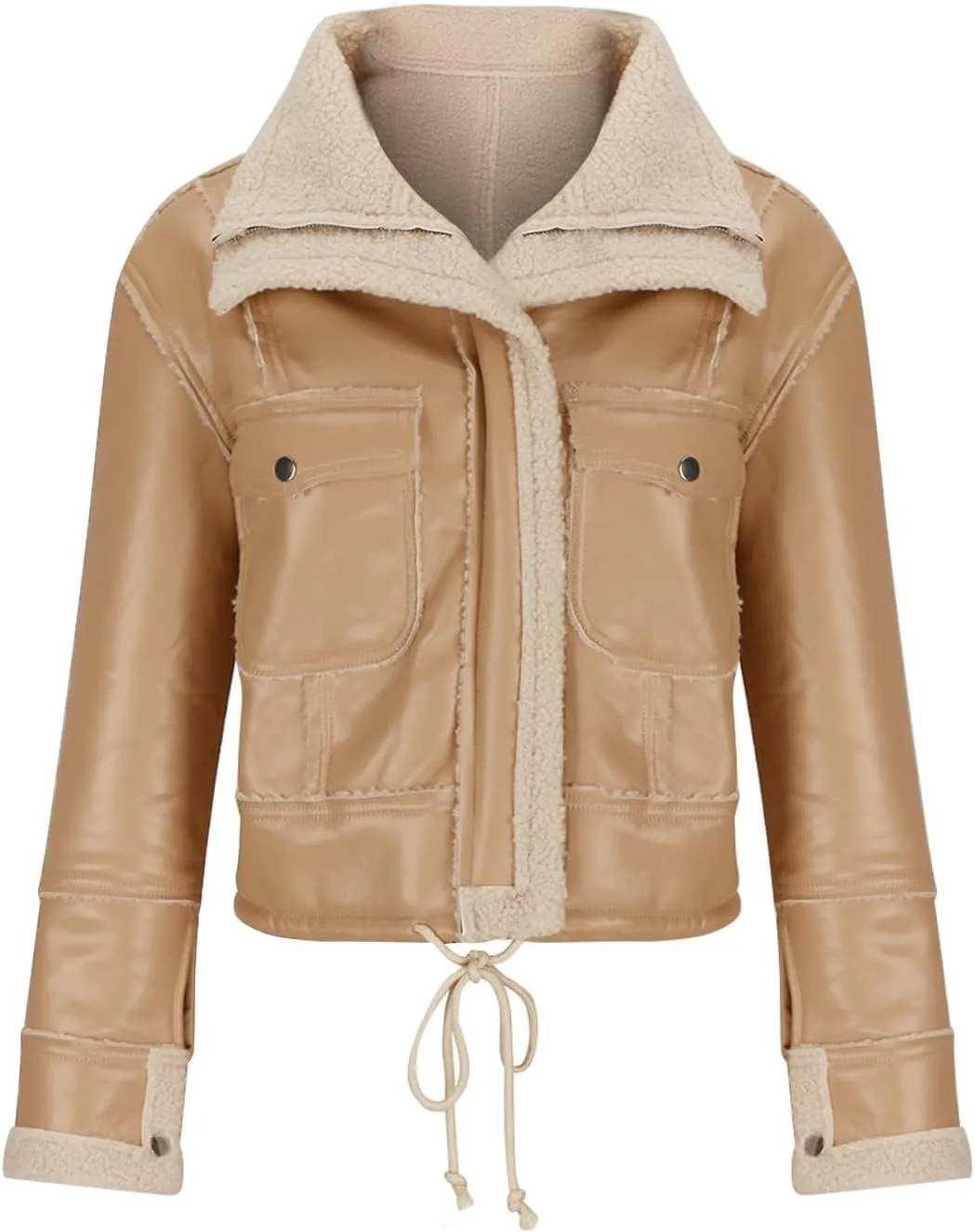 Womens 2023 Fashion Winter Coat Faux Leather Jackets Thicken Fleece Lined Lapel Cropped Moto Biker Casual Short Jacket