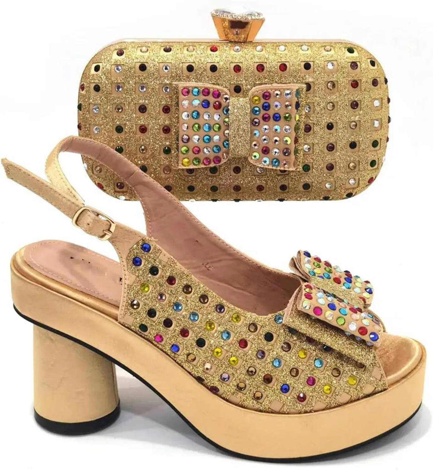 Womens 2025 Gold Wedding Shoes Set Bridal Pumps and Matching Evening Bag Rhinestone Flower Crystal Clutch Purses
