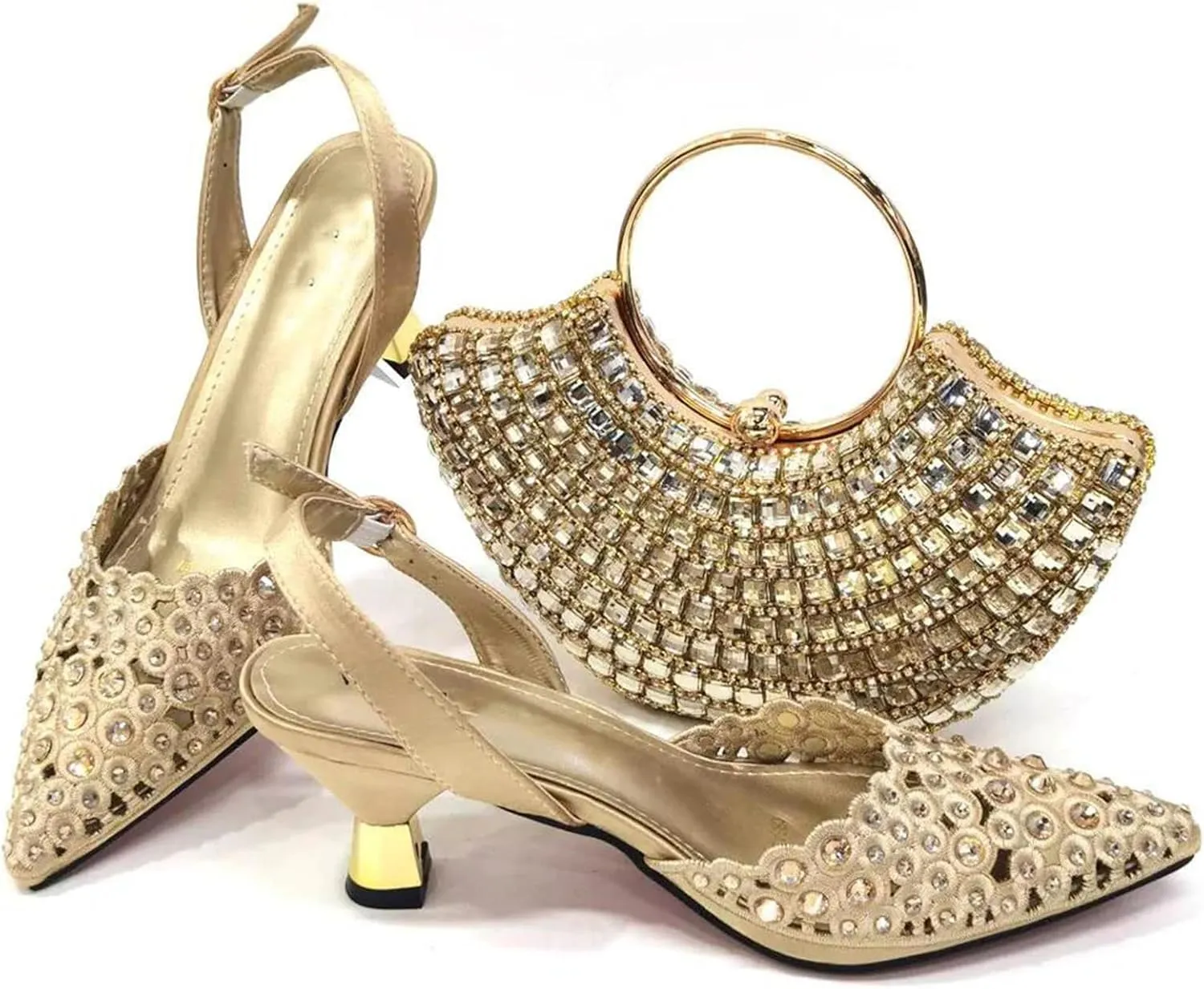 Womens 2025 Gold Wedding Shoes Set Luxury Rhinestone Pumps and Beaded Sequin Evening Bag Flower Crystal Clutch Purses