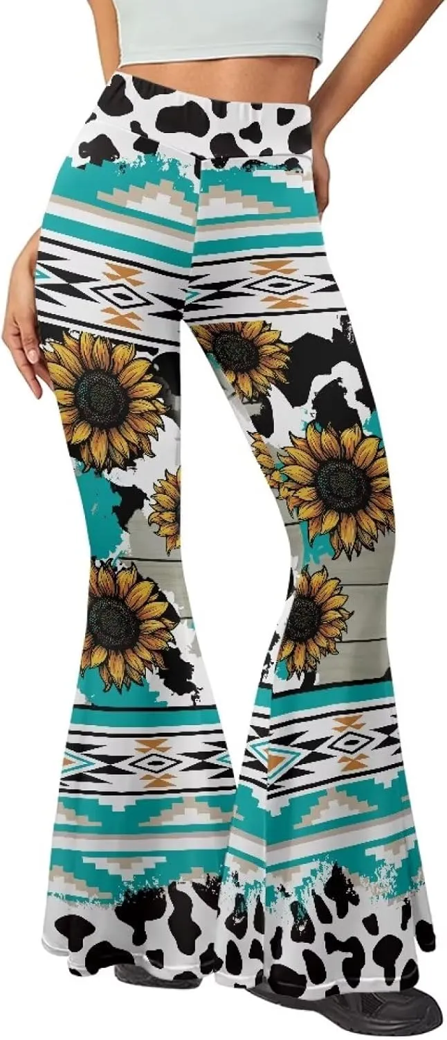 Women's 70S Yoga Pants Flare Ladies Hippie Flower Flared Leggings Athletic Leggings High Waisted Workout Pants