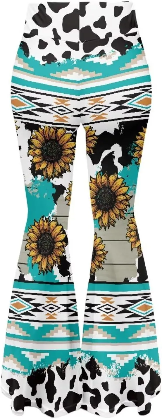 Women's 70S Yoga Pants Flare Ladies Hippie Flower Flared Leggings Athletic Leggings High Waisted Workout Pants