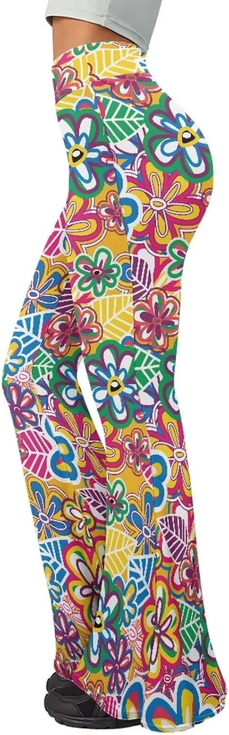 Women's 70S Yoga Pants Flare Ladies Hippie Flower Flared Leggings Athletic Leggings High Waisted Workout Pants
