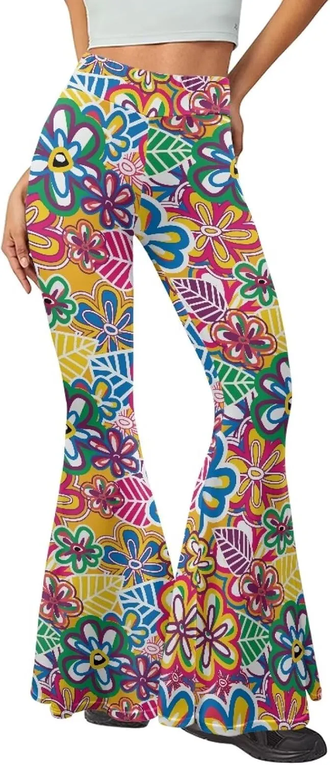 Women's 70S Yoga Pants Flare Ladies Hippie Flower Flared Leggings Athletic Leggings High Waisted Workout Pants