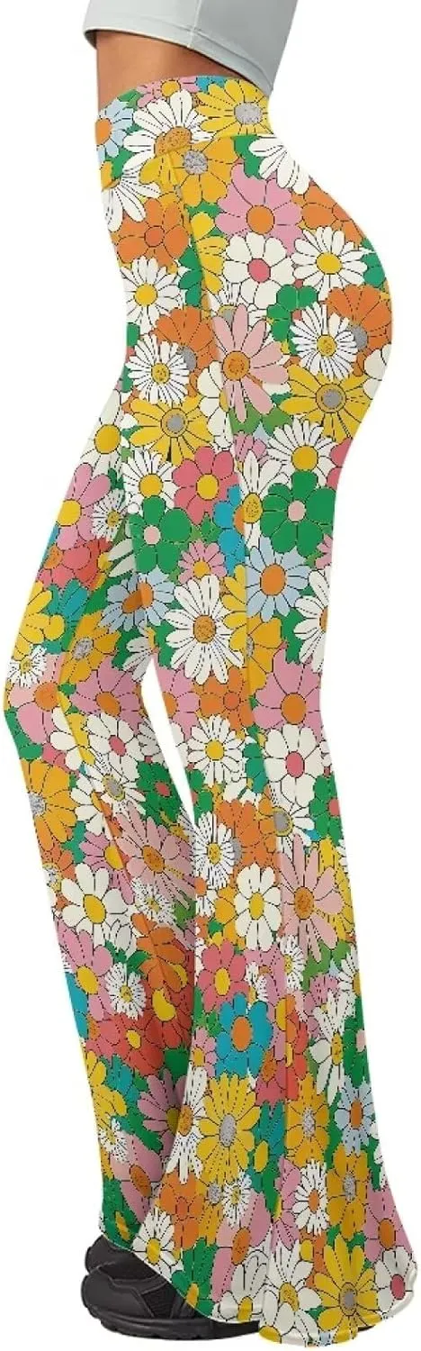 Women's 70S Yoga Pants Flare Ladies Hippie Flower Flared Leggings Athletic Leggings High Waisted Workout Pants