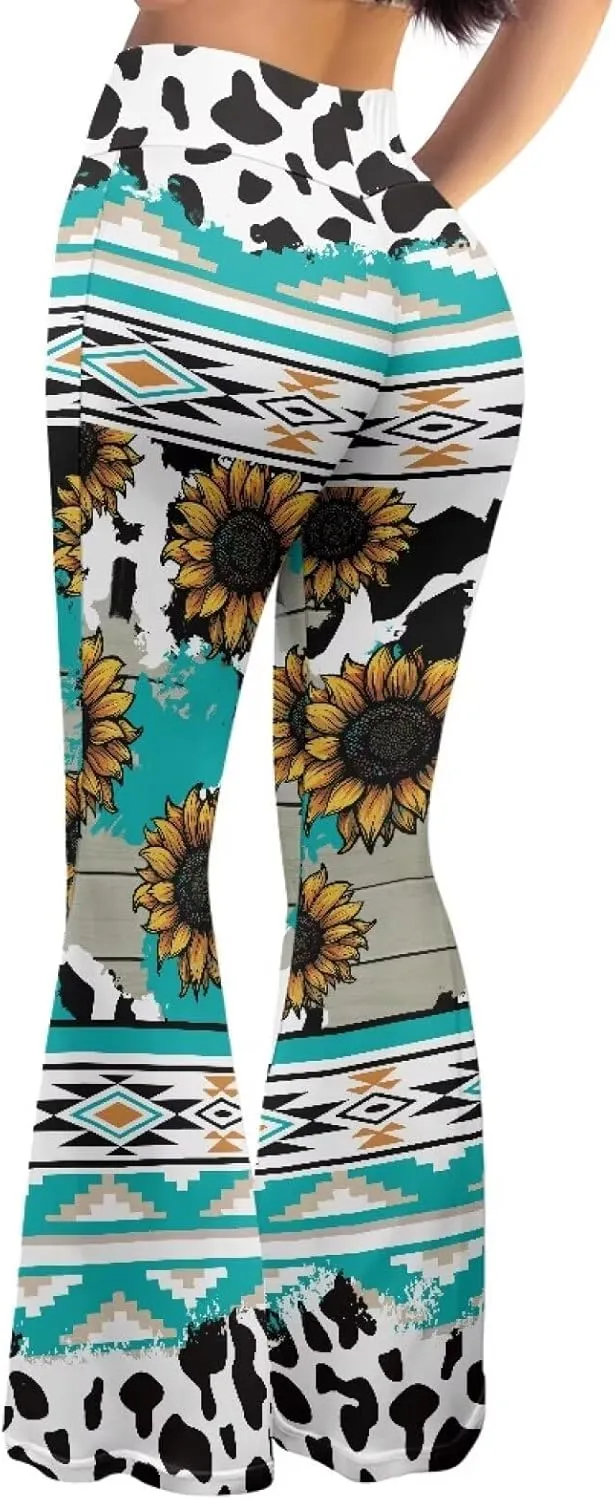 Women's 70S Yoga Pants Flare Ladies Hippie Flower Flared Leggings Athletic Leggings High Waisted Workout Pants