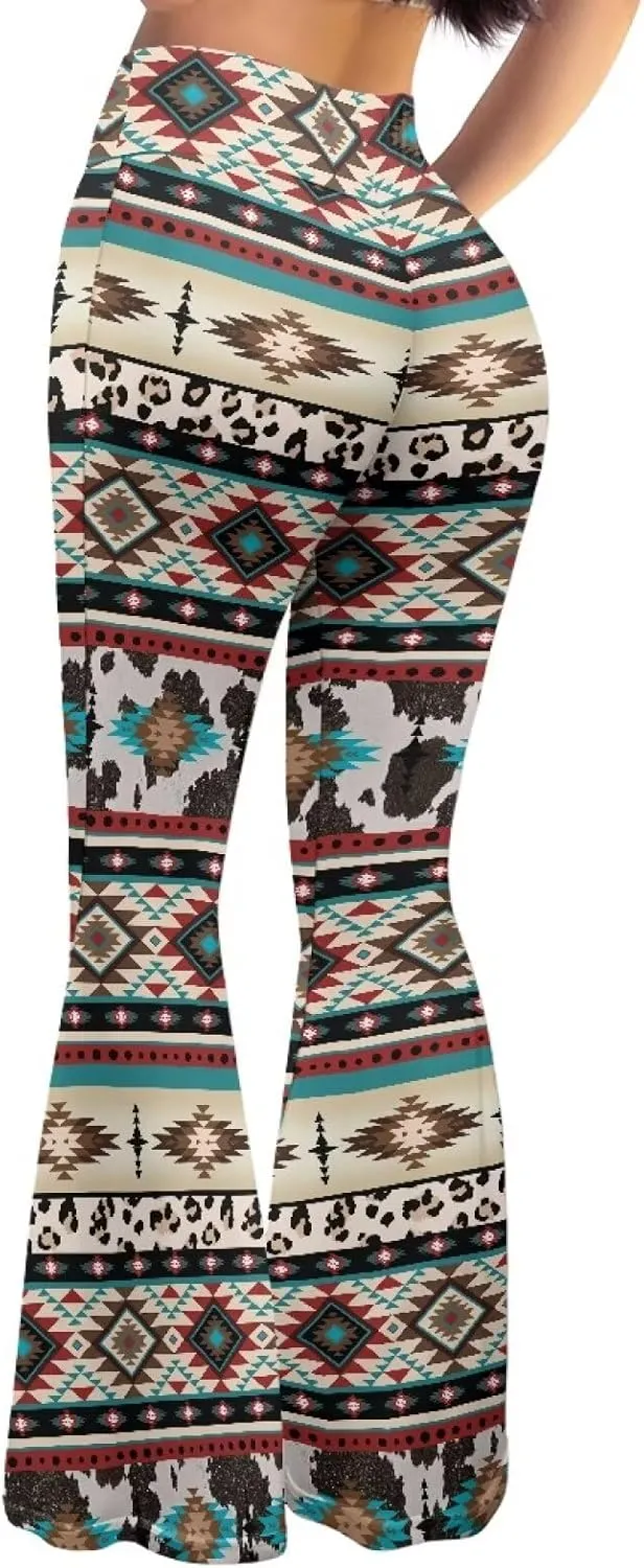 Women's 70S Yoga Pants Flare Ladies Hippie Flower Flared Leggings Athletic Leggings High Waisted Workout Pants