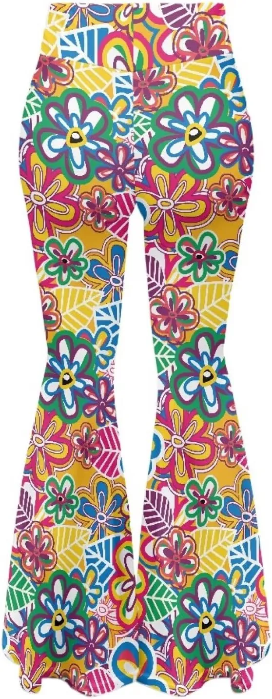 Women's 70S Yoga Pants Flare Ladies Hippie Flower Flared Leggings Athletic Leggings High Waisted Workout Pants