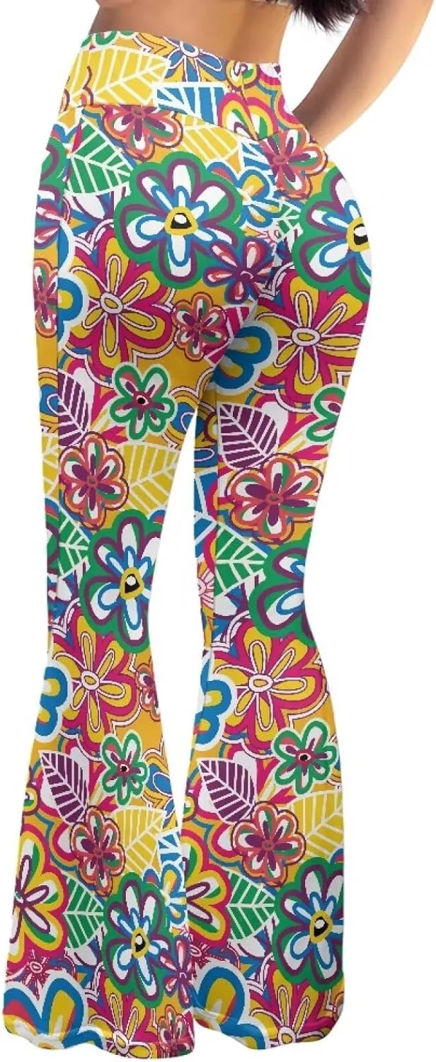 Women's 70S Yoga Pants Flare Ladies Hippie Flower Flared Leggings Athletic Leggings High Waisted Workout Pants