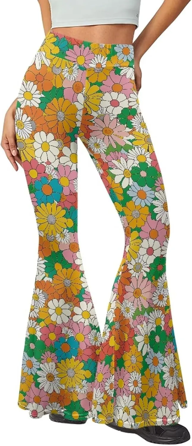 Women's 70S Yoga Pants Flare Ladies Hippie Flower Flared Leggings Athletic Leggings High Waisted Workout Pants